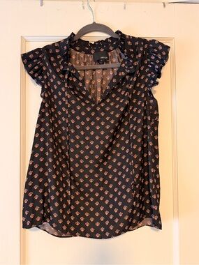 Greylin Navy Blouse with Pink Floral Ruffles